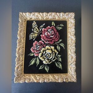vintage folk art floral black velvet painting, framed with gold vintage